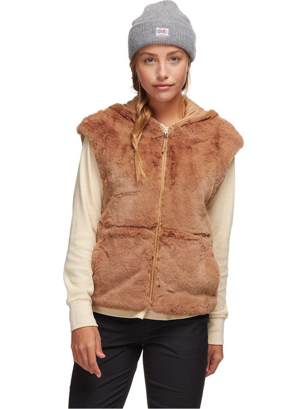 Patagonia Women's Brown Tan Lunar Frost Faux Fur Hooded Vest Zip Front Medium